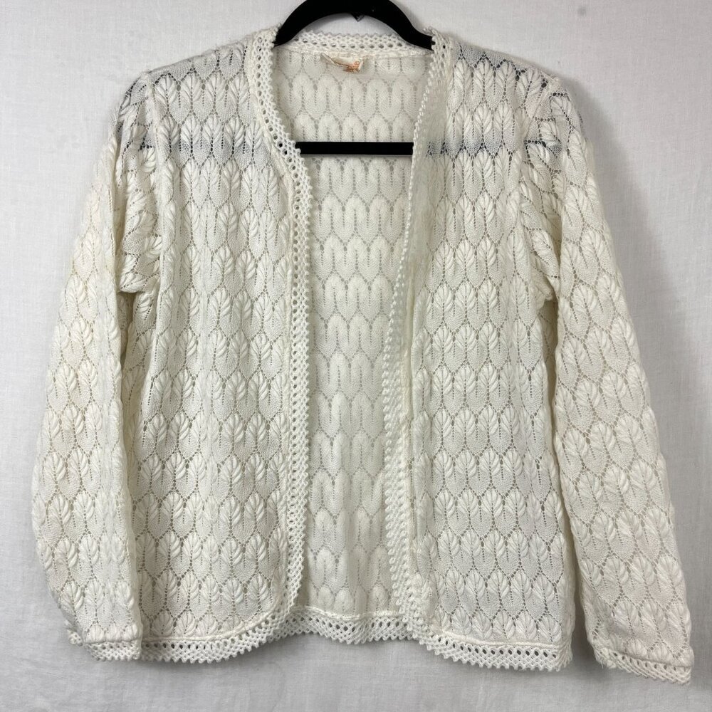 Vintage 60s Glentex Knit Grandma Open Cardigan‎ Womens M Cottage Modest Dainty